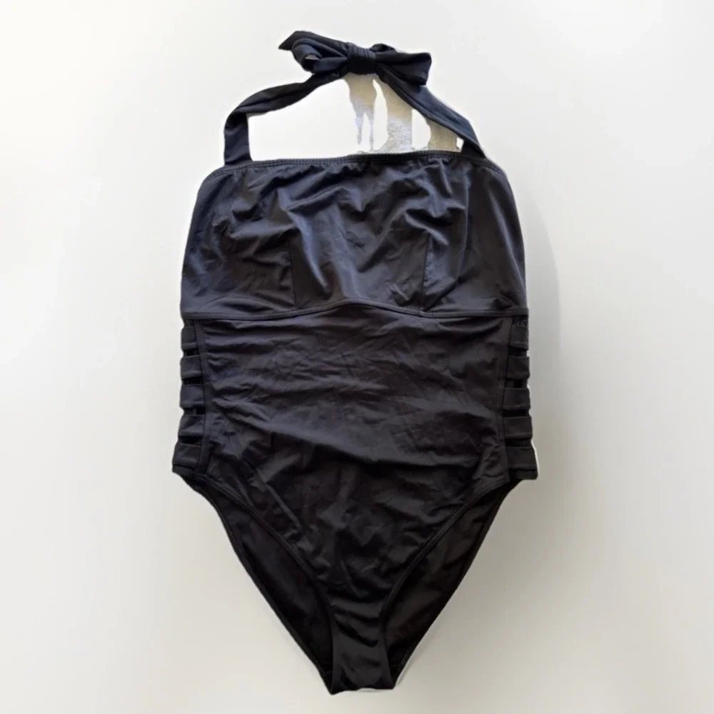 ASOS One Piece Swimsuit Womens 18 Black Halter Side Cutout Mesh Strappy Swimwear
